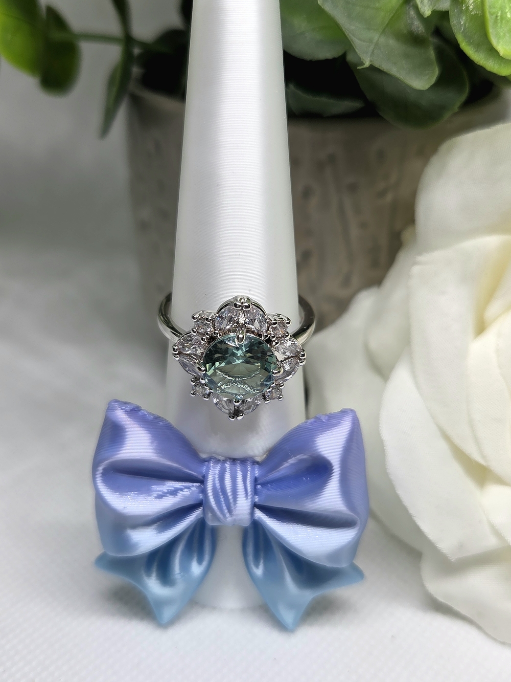 BP Light Aqua Blue-Green CZ Halo Ring On Rhodium Plating